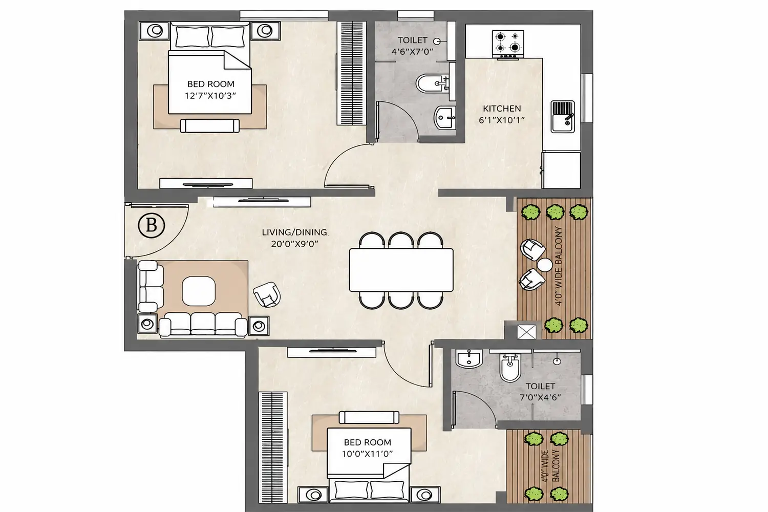 2BHK floor plan layout of Vinayak 21 Acres featuring two bedrooms, two toilets, a spacious living and dining area, modular kitchen, and two balconies. The master bedroom measures 12’7” x 10’3”, the second bedroom 10’0” x 11’0”, with a central living/dining space of 20’0” x 9’0”. The plan includes a 4’0” wide balcony connected to the living area and another balcony attached near the second toilet.