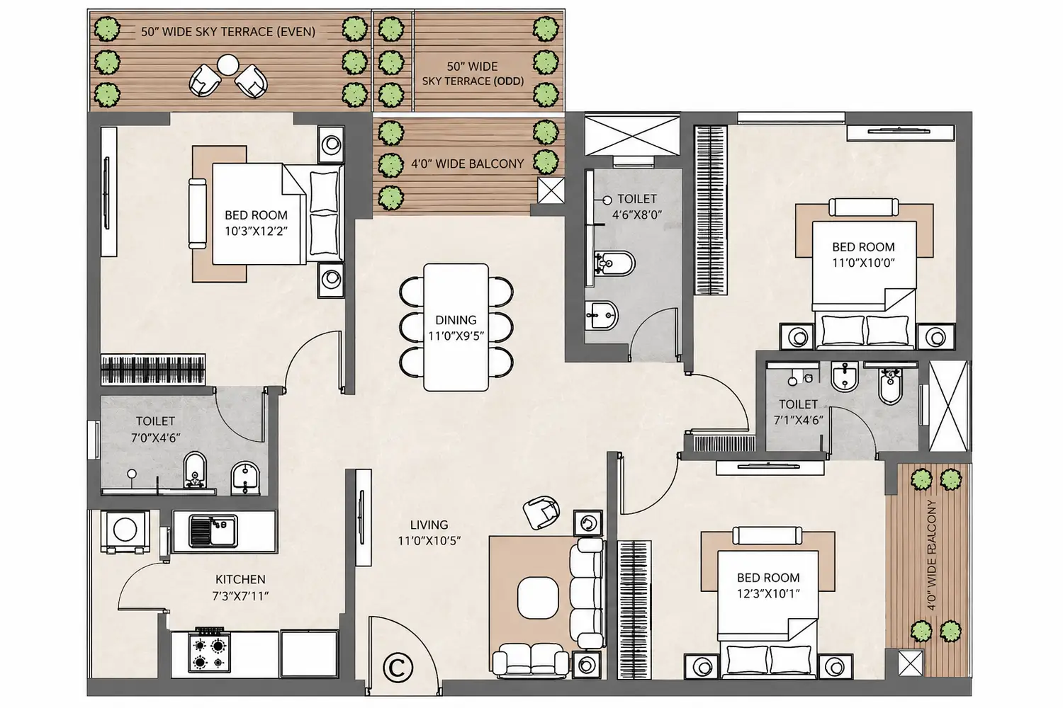 3BHK floor plan of Vinayak 21 Acres featuring three bedrooms, three toilets, a separate living and dining area, modular kitchen, balconies, and dual sky terraces. The layout includes bedrooms measuring 10’3” x 12’2”, 11’0” x 10’0”, and 12’3” x 10’1”. The home features a living area of 11’0” x 10’5”, dining area of 11’0” x 9’5”, a 4’0” wide balcony, and two spacious 5’0” wide sky terraces designed with seating and greenery for outdoor relaxation.