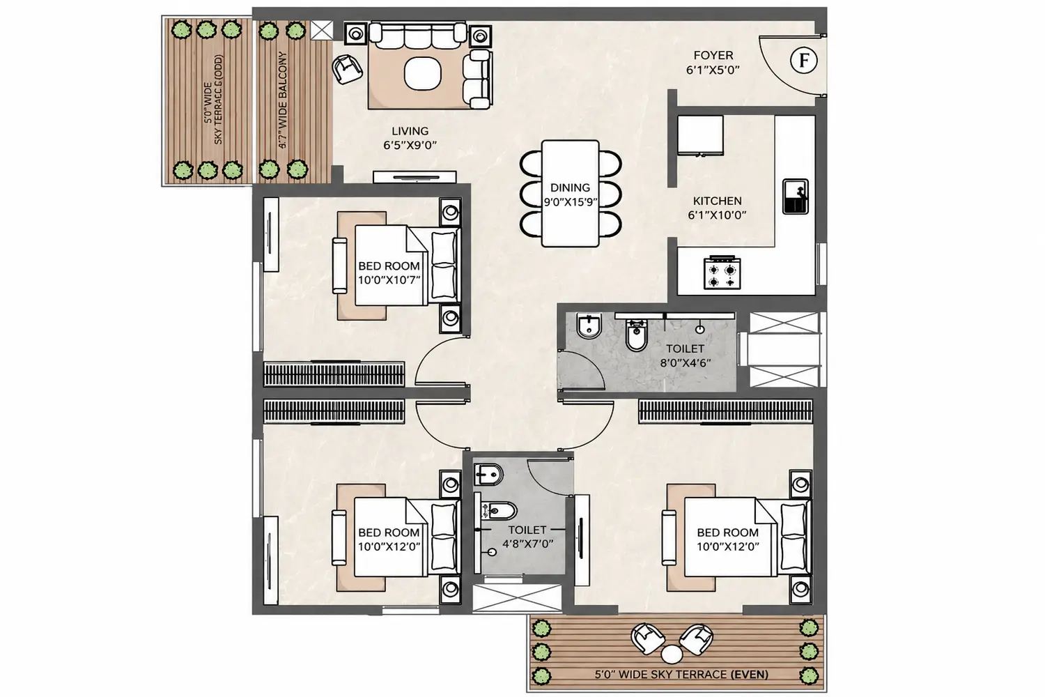 3BHK floor plan of Vinayak 21 Acres featuring three bedrooms, two toilets, a spacious living and dining area, modular kitchen, balcony, and dual sky terraces. The layout includes bedrooms sized 10’8” x 8’2”, 10’6” x 11’0”, and 10’0” x 12’0”, with a central living/dining area measuring 9’0” x 20’5”. The plan also features a 4’0” wide balcony and two 5’0” wide sky terraces designed for outdoor seating and greenery.