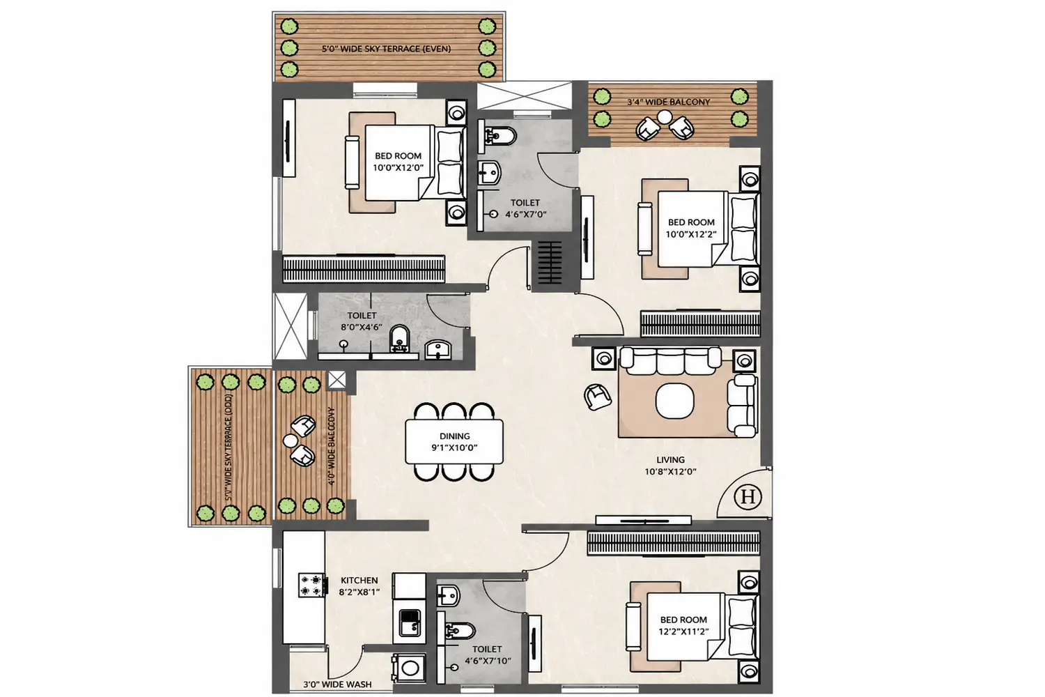 3BHK floor plan of Vinayak 21 Acres featuring three bedrooms, three toilets, a separate living and dining area, modular kitchen, balconies, and dual sky terraces. The layout includes bedrooms measuring 10’3” x 12’2”, 11’0” x 10’0”, and 12’3” x 10’1”. The home features a living area of 11’0” x 10’5”, dining area of 11’0” x 9’5”, a 4’0” wide balcony, and two spacious 5’0” wide sky terraces designed with seating and greenery for outdoor relaxation.