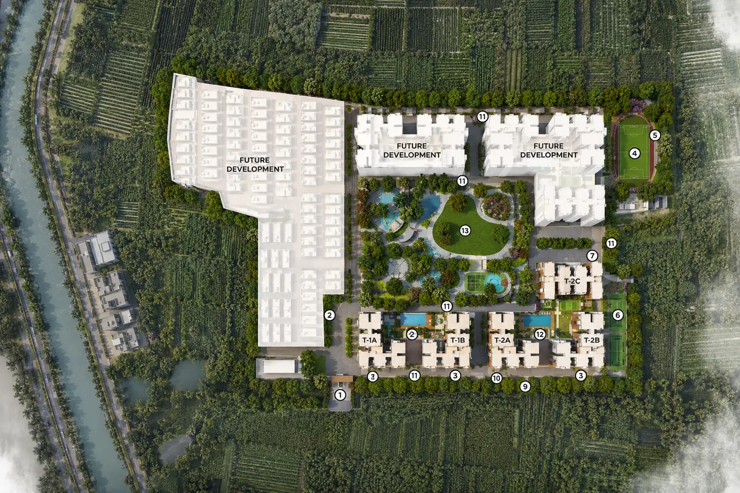 Master plan layout of Vinayak 21 Acres in New Town Kolkata showcasing residential towers, landscaped central greens, swimming pools, sports courts, walking pathways, clubhouse amenities, and future development zones surrounded by lush natural surroundings.