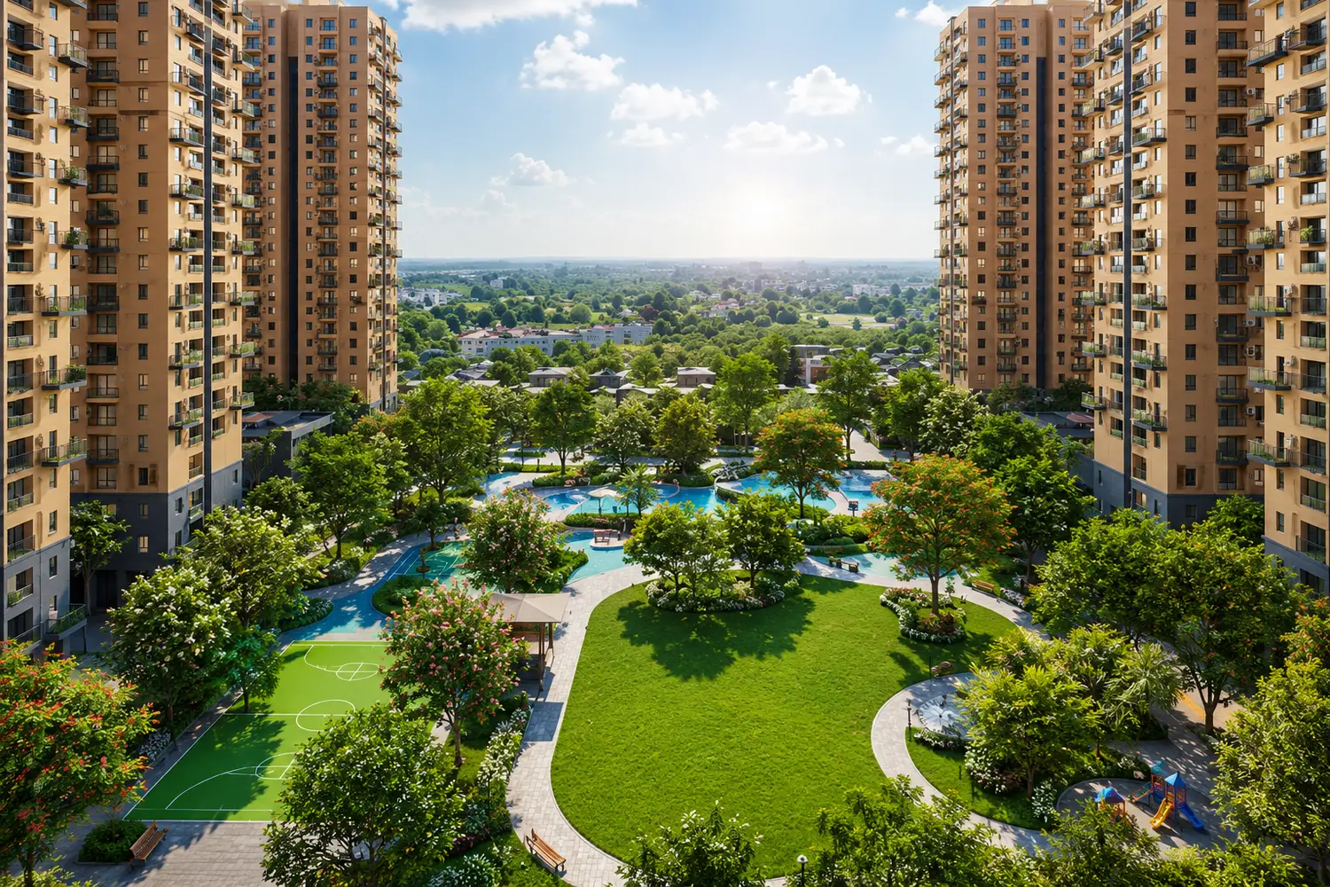 Landscape view of Vinayak 21 Acres in New Town Kolkata featuring premium residential towers surrounding lush green open spaces, landscaped gardens, walking pathways, recreational courts, and modern community amenities within a serene urban environment.