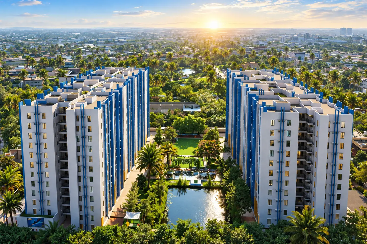 Front view of Good Earth featuring modern high-rise residential towers, landscaped greenery, and driveway with vehicles.