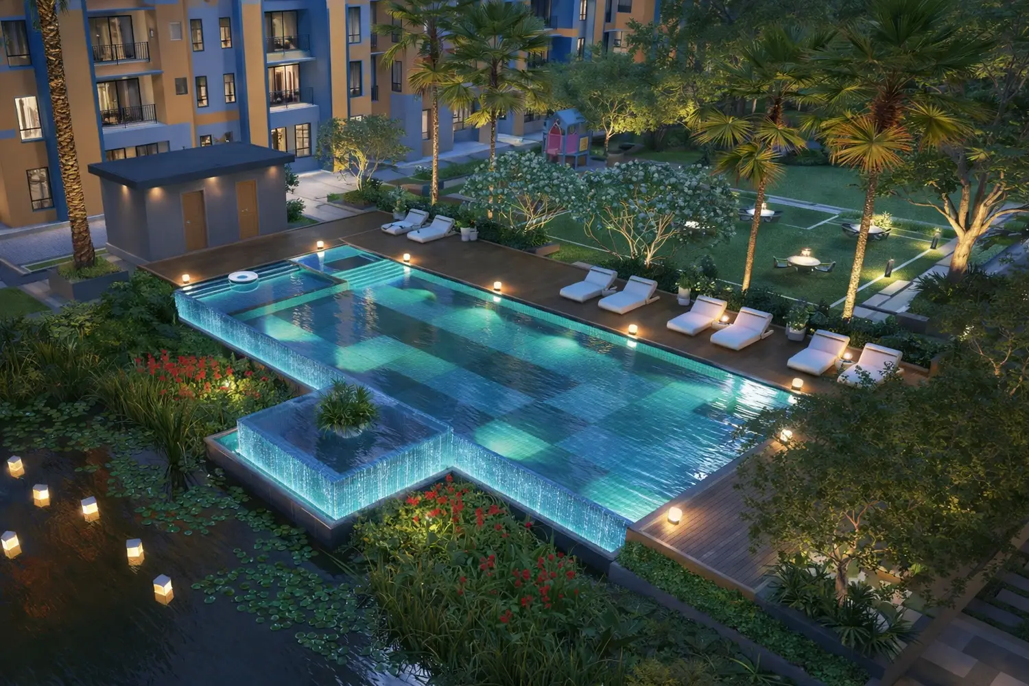 Luxury swimming pool at Good Earth residential project with modern apartments, palm trees, and poolside deck